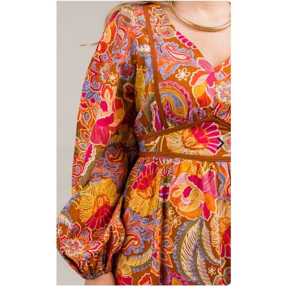 Brown Floral Midi Dress Boho Chic Style Peasant Tiered Midi Dress Womens Large - Picture 3 of 8